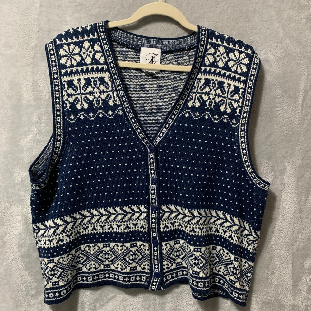 JK America Vintage Navy Blue White Fair Isle Knit Button Front Vest‎ Size 18/20